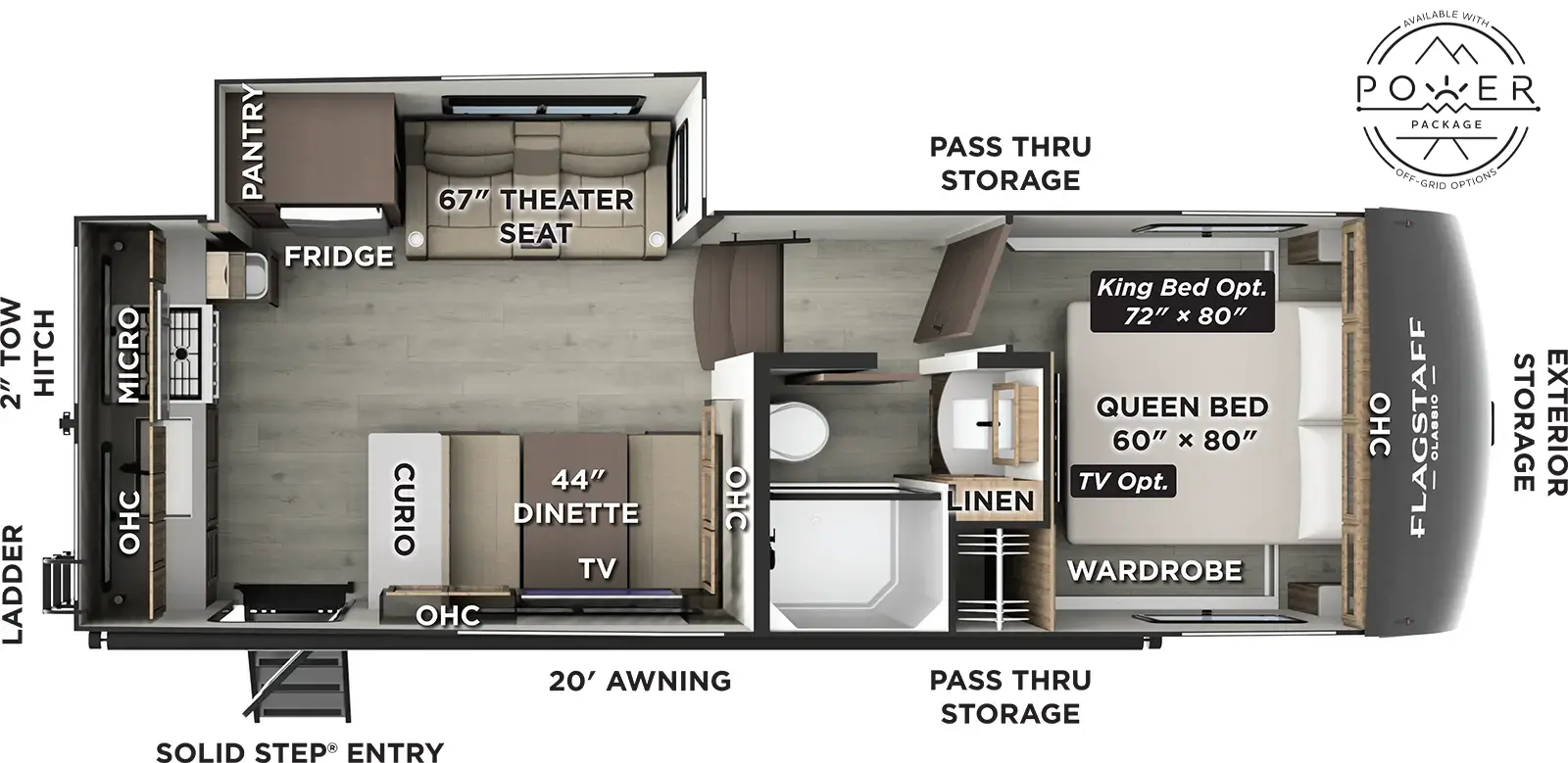 The Flagstaff Classic Fifth Wheels F282RK floorplan has one entry and one slide out. Exterior features include: fiberglass exterior and 20' awning. Interiors features include: rear kitchen and front bedroom.